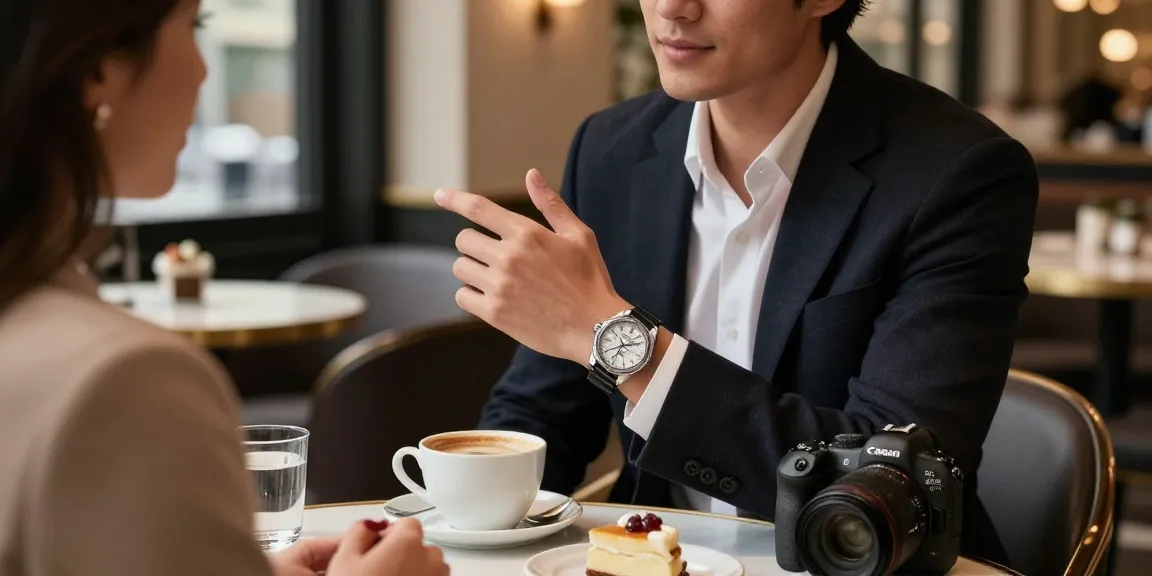Individual showcasing a stylish replica watch while enjoying coffee at an elegant café.