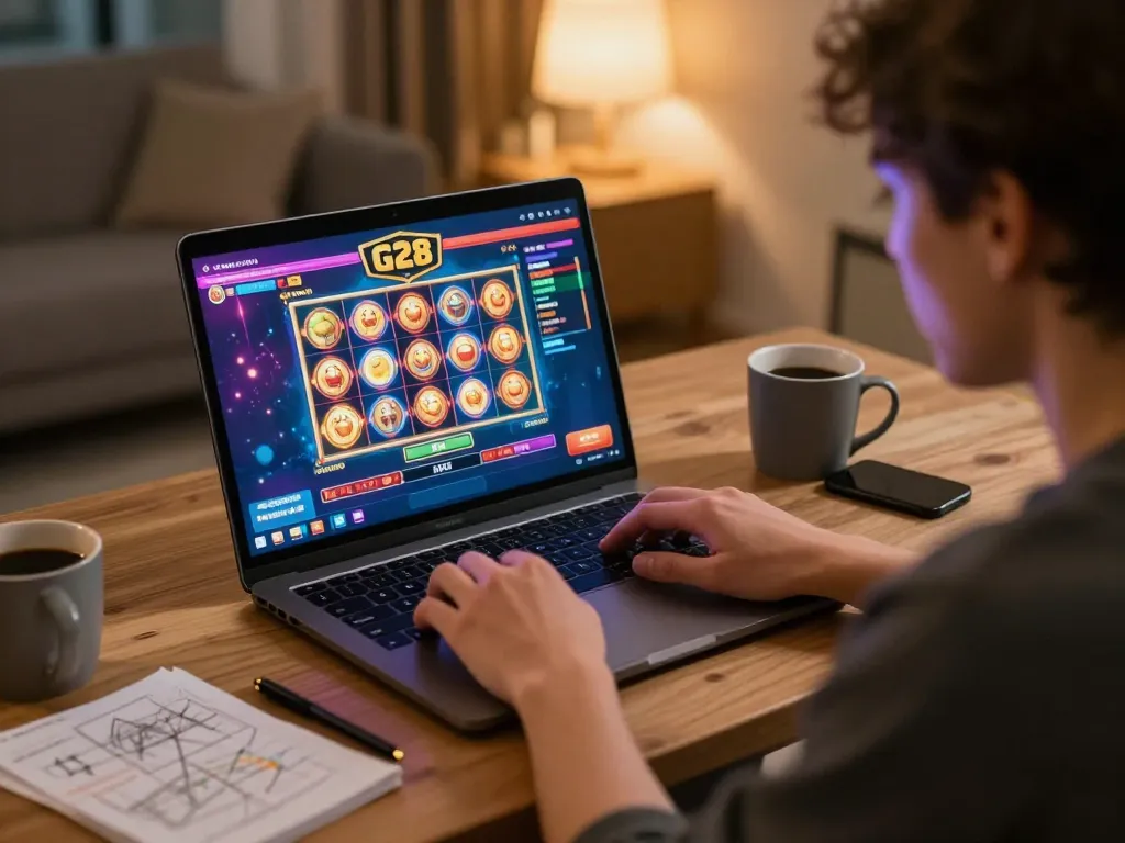 Engaging with G28's online slot games on a laptop in a cozy home setup.