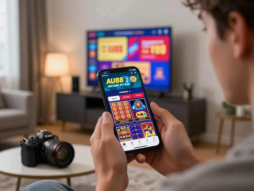 Active user engaging with https://au88.mex.com/ on smartphone in modern living room, showcasing vibrant gaming interface.