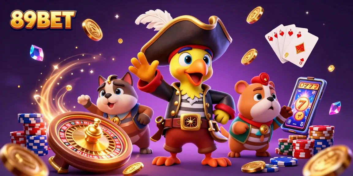 Engage in winning strategies at 89BET with our vibrant casino illustration featuring dynamic characters and games.