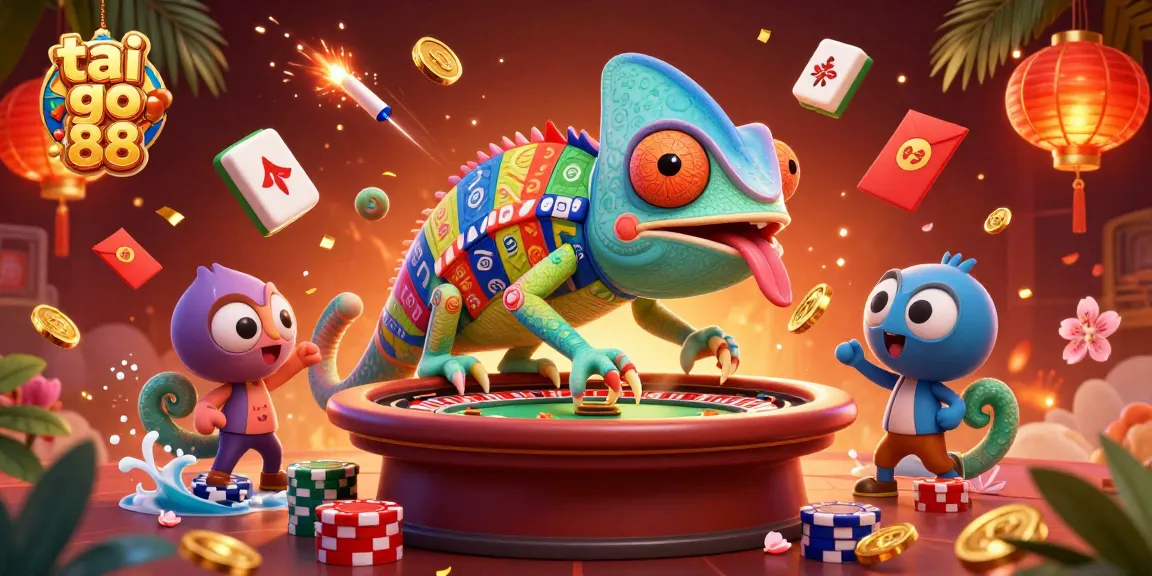 Experience the vibrant world of tai go 88 with a colorful 3D cartoon chameleon and casino elements.