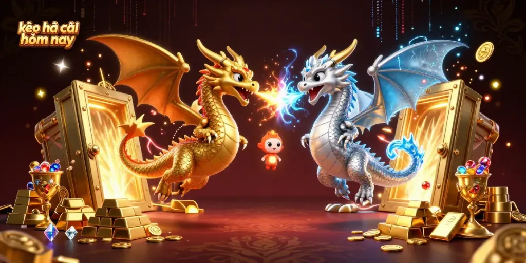 Engage with kèo nhà cái hôm nay through a vibrant scene of dragons, gold, and magical treasures.
