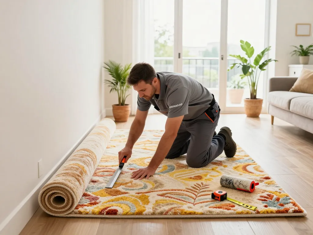 Professional carpet fitters near me installing a plush carpet in a bright living room.