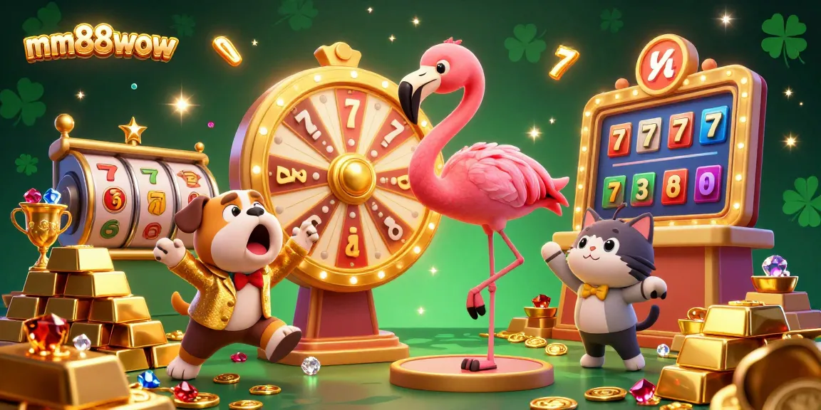 Spin the giant golden prize wheel at mm88wow with captivating casino elements and vibrant characters.