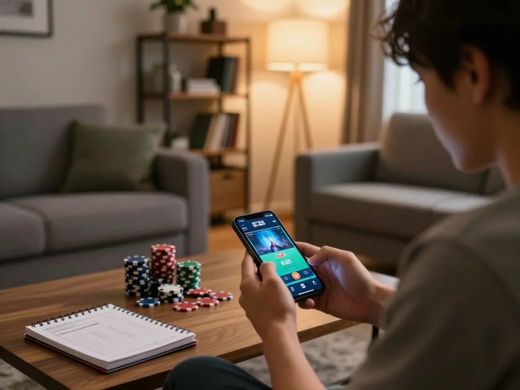 Engaging with the Nhà cái BJ88 app on a smartphone in a cozy gaming setup at home.