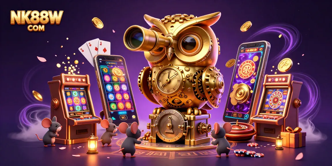 Spin the reels with NK88W COM as a golden owl surveys a vibrant casino floor
