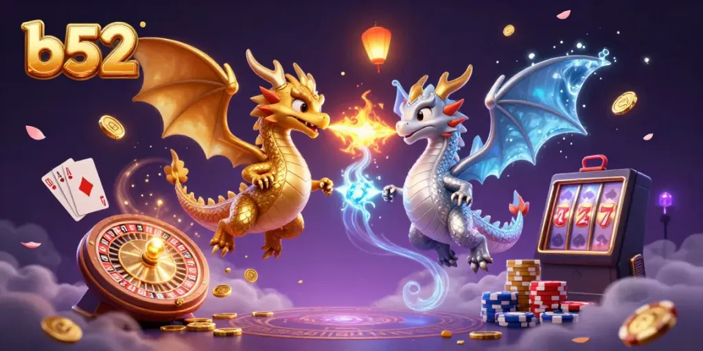 Engage in thrilling moments with b52 as golden and silver dragons soar amidst a whirlwind of casino elements.