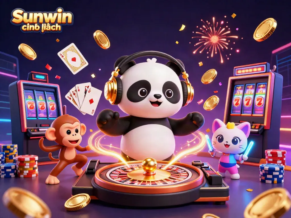 Experience exhilarating gaming with Sunwin chính hãng in vibrant, casino-themed 3D illustration.