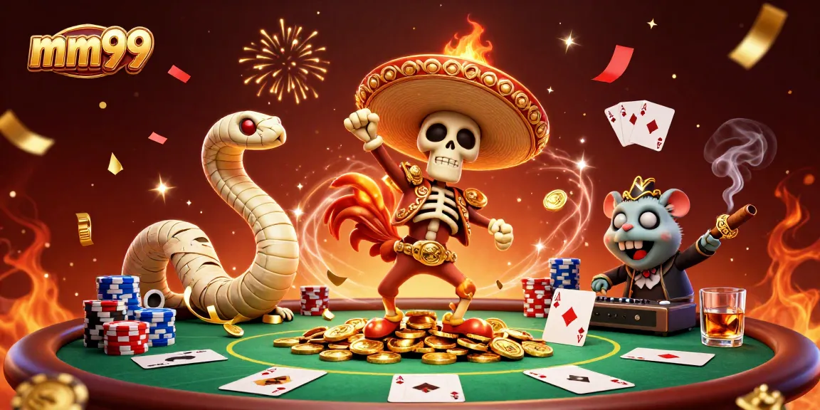 Experience thrilling gameplay at mm99 with a festive skeleton and colorful game elements.