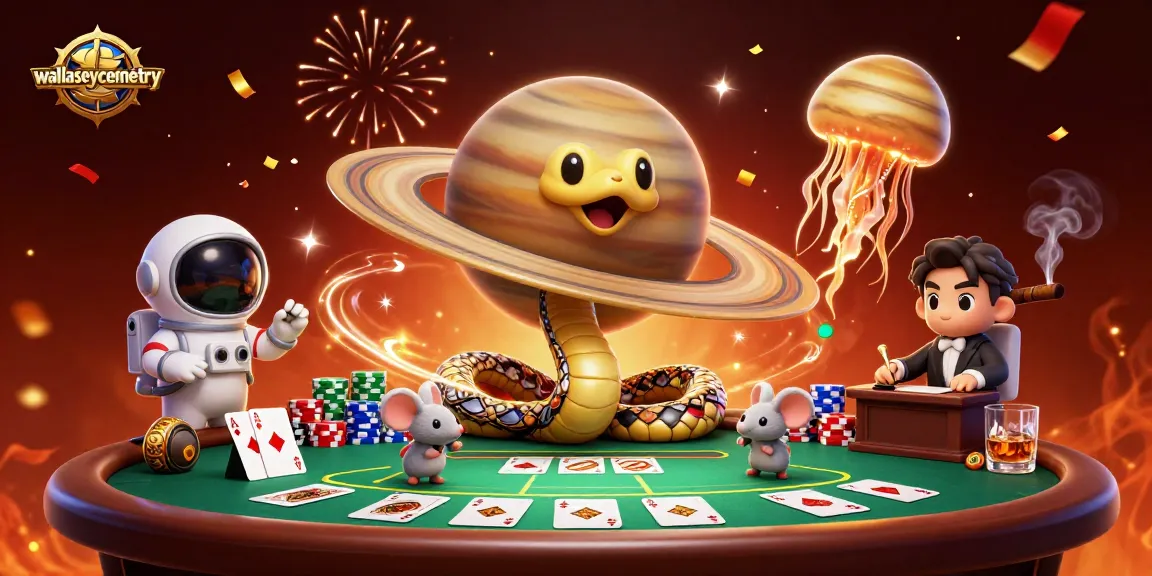 Bet on wallaseycemetery's cosmic roulette with cartoon snakes and astronaut mice.