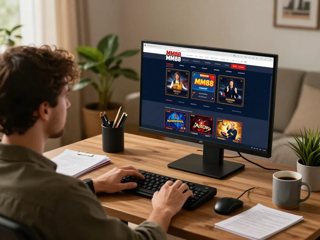 Player engaged with MM88 online casino, showcasing a focused gaming setup in a cozy home environment.