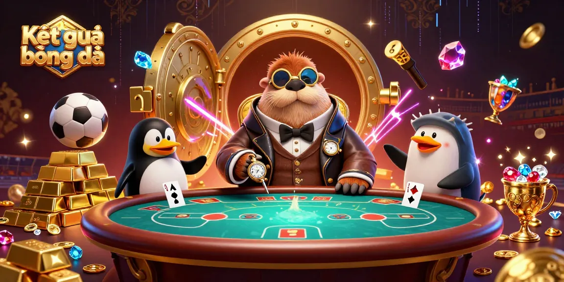 Bet on Kết quả bóng đá in a vibrant underwater poker scene with a walrus, penguin dealer, and a bluffing pufferfish.