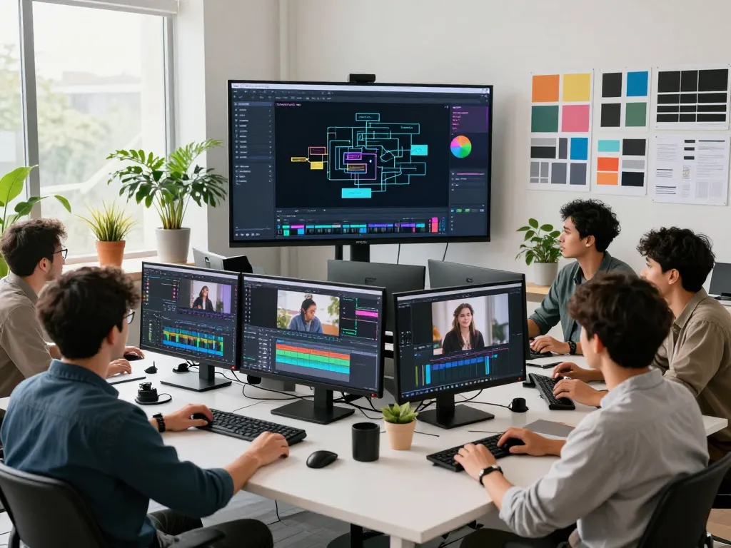 Creative team using seedance 2.0 ai for video production in a modern studio environment.