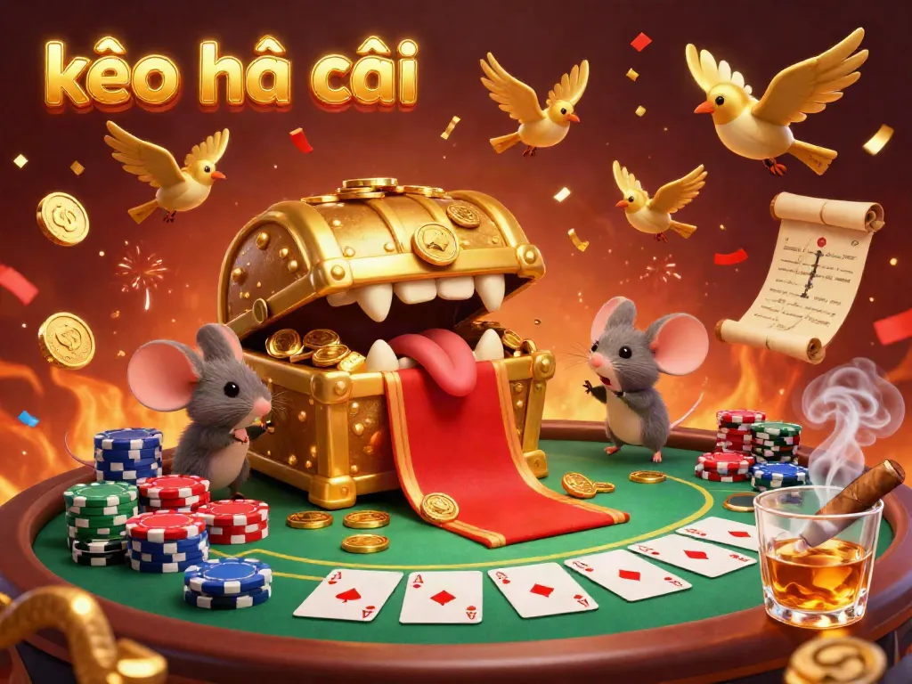 Adventurer mice approach a kèo nhà cái treasure chest amidst a colorful poker scene with festive confetti.