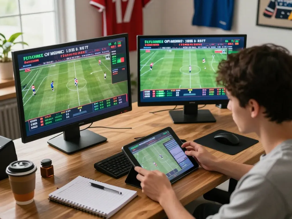 Engaging in strategic sports betting at home, highlighting 555 win opportunities with multiple screens.