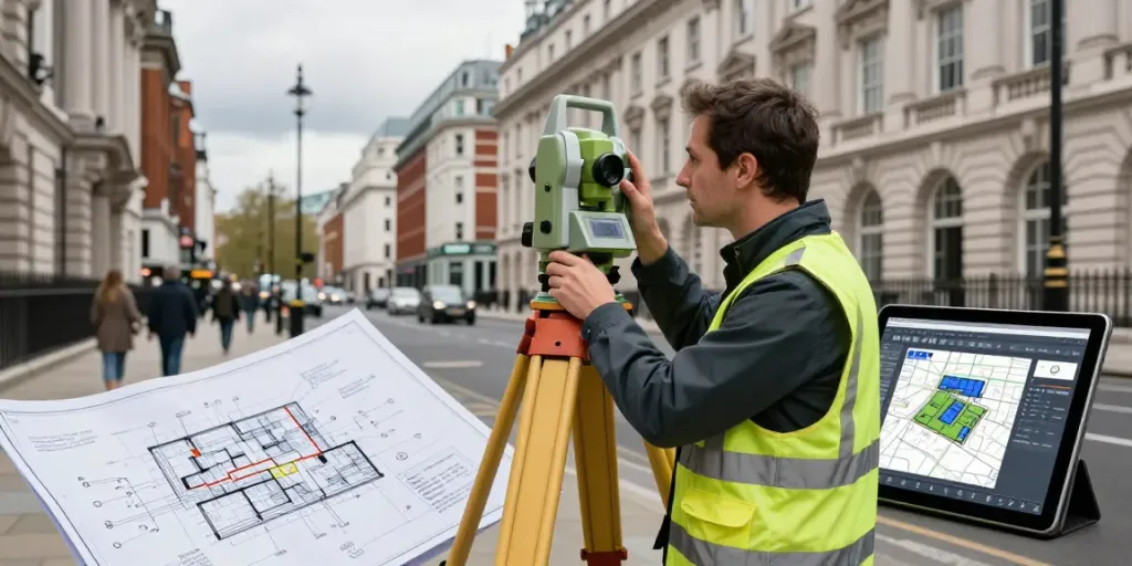 Land Surveyors London measuring a historic building with modern equipment in a busy urban environment