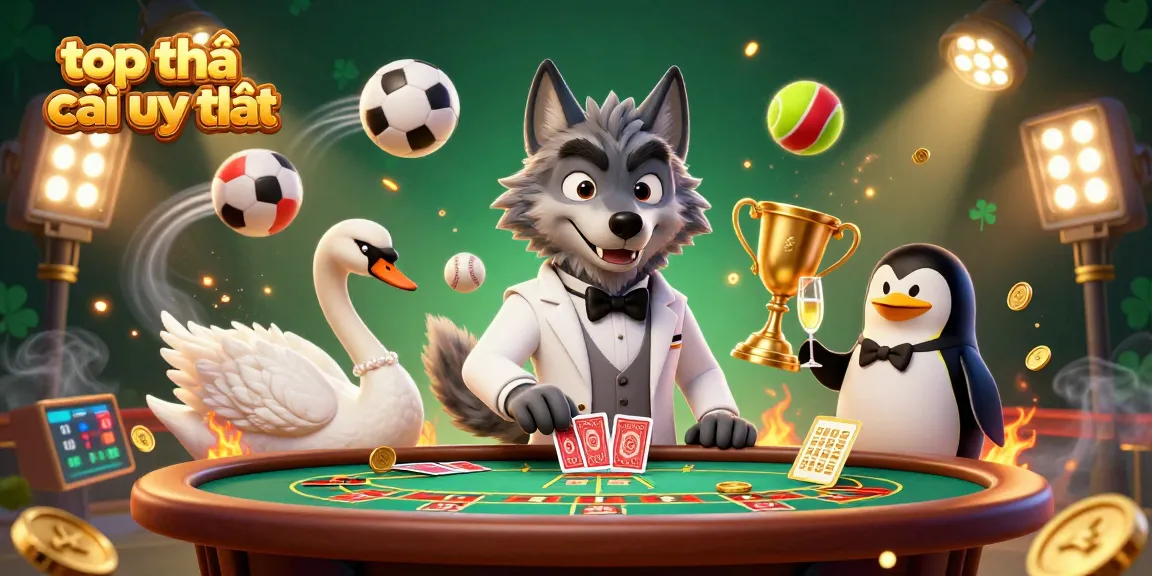Experience the thrill of top nhà cái uy tín with a cartoonish baccarat scene featuring a debonair wolf and a card-dealing swan.