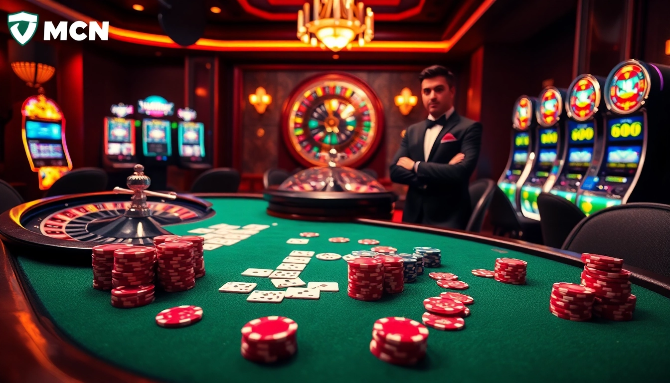 Experience the thrill of 7mcn gaming at an elegant poker table with vibrant chips and cards.