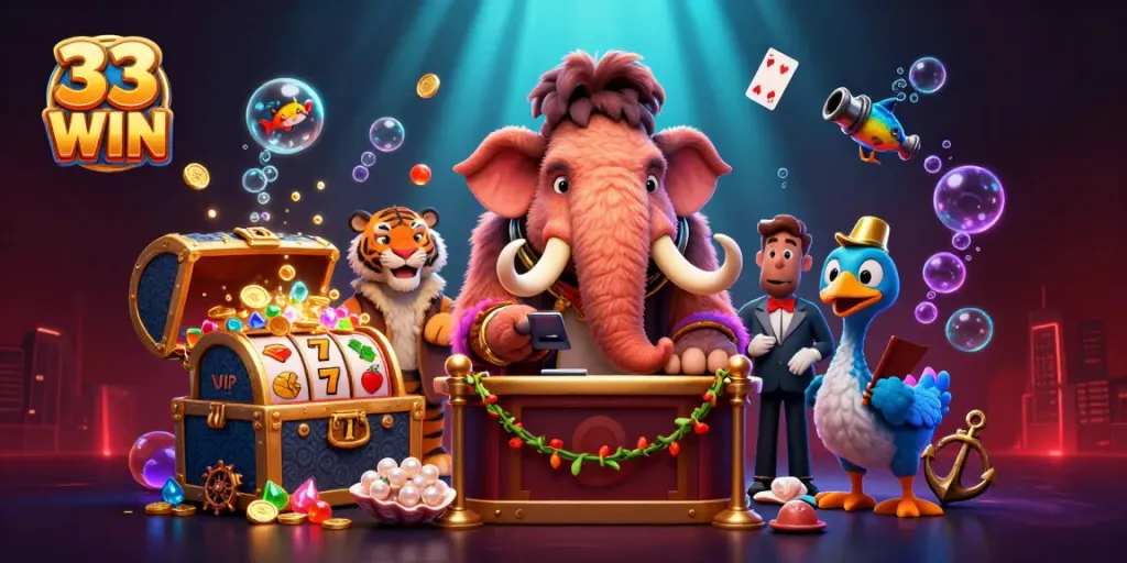Engage with stunning 3D artwork of 33 WIN featuring a cartoon casino scene complete with a bouncer, VIP guest, and vibrant gaming elements.
