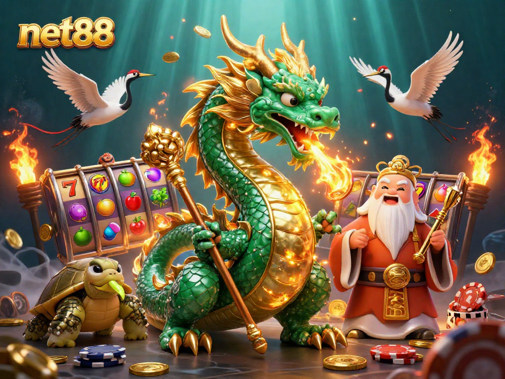 Experience thrilling slots and gaming excitement at net88 with a radiant dragon and wise sage.