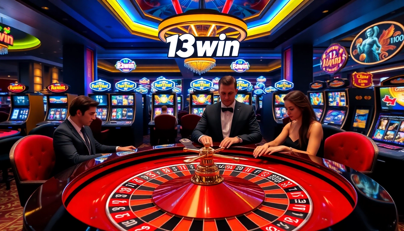 Players enjoying thrilling moments at the 13win roulette table with vibrant chips and a luxury casino atmosphere.