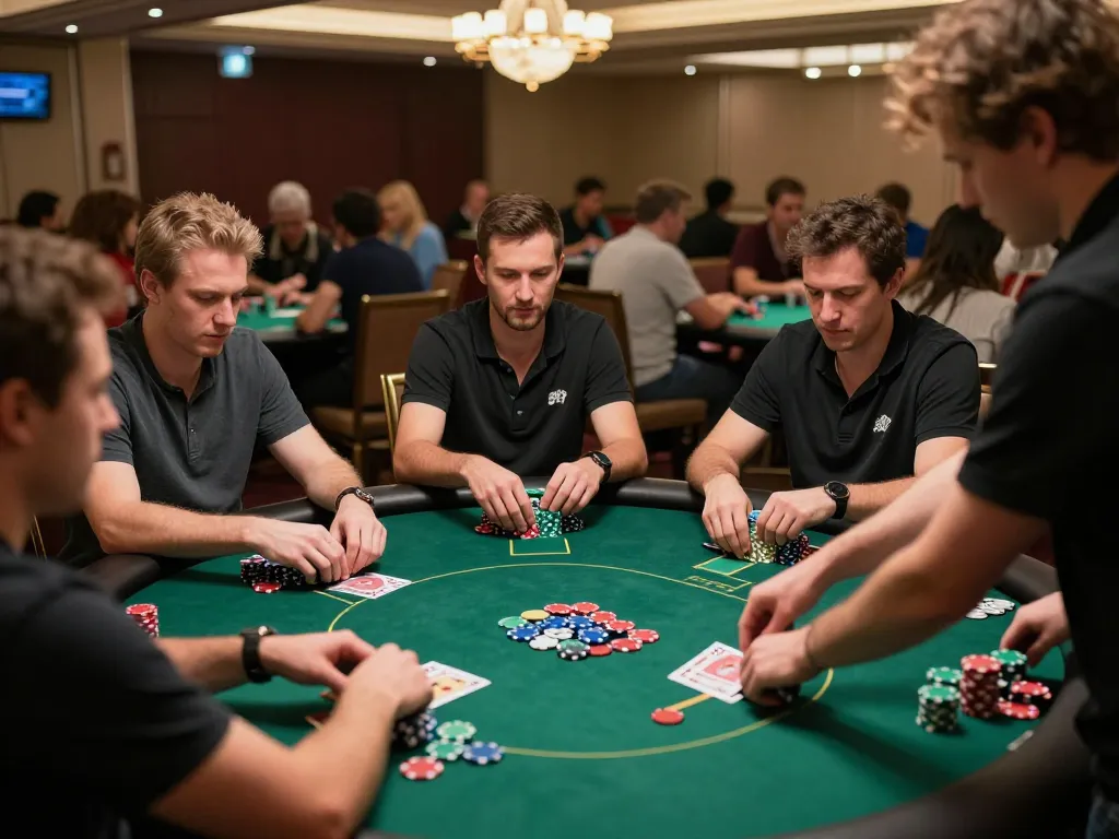 Players strategizing in an intense poker match at 13win casino table featuring colorful chips and cards.