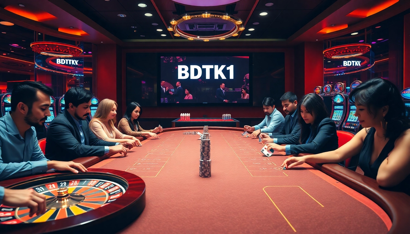 Engaging in high-stakes betting at a BDTK1 casino table, with vibrant roulette wheels and lively players.