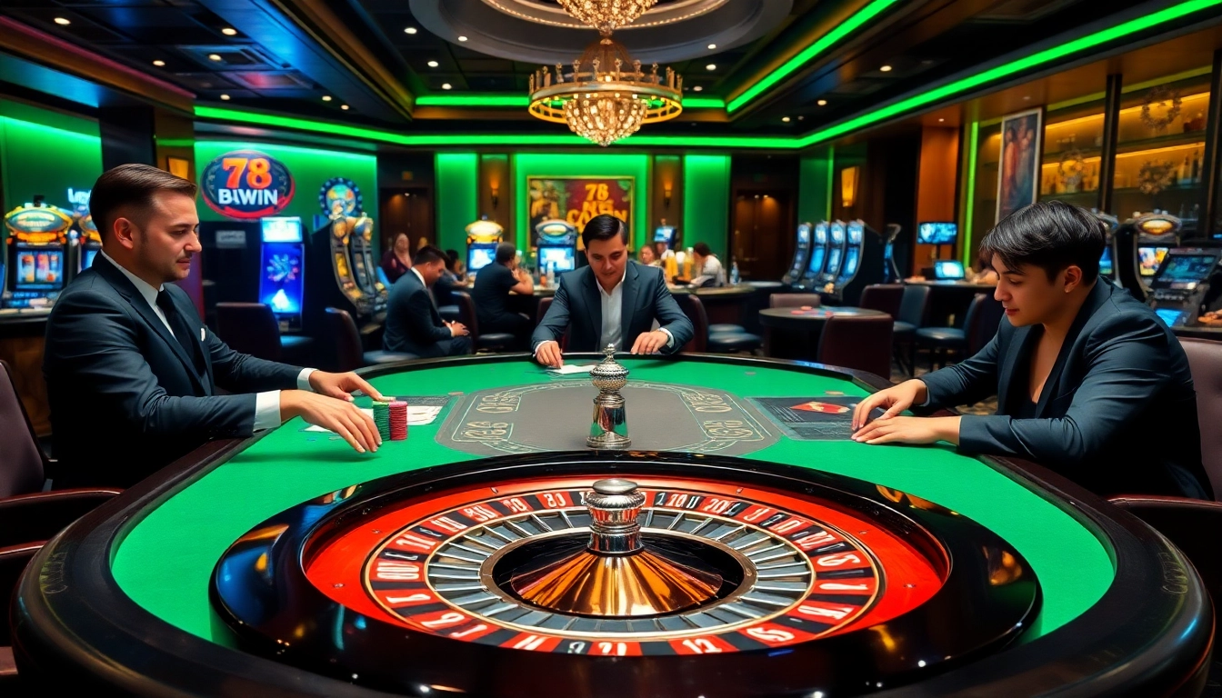 Engaged players enjoying poker games with 78WIN at an elegant casino table.