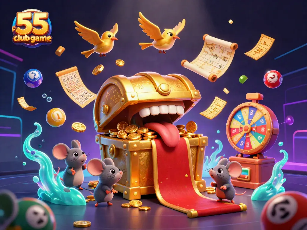 Engage with the thrilling 55 club game, featuring vibrant lottery balls and a treasure chest against a dynamic background.