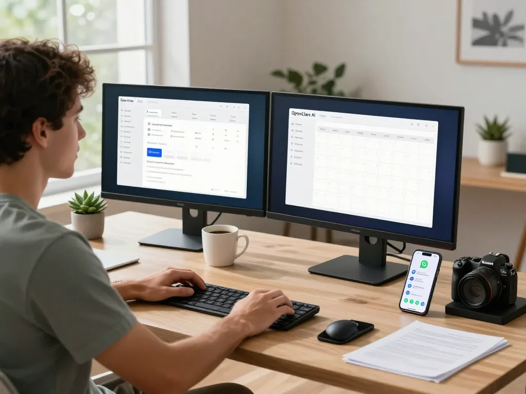 Open Claw AI assistant managing emails and calendars in a modern home office setup.