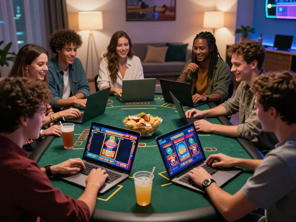 Engaging online gambling session showcasing non gamstop casinos UK with friends at home.