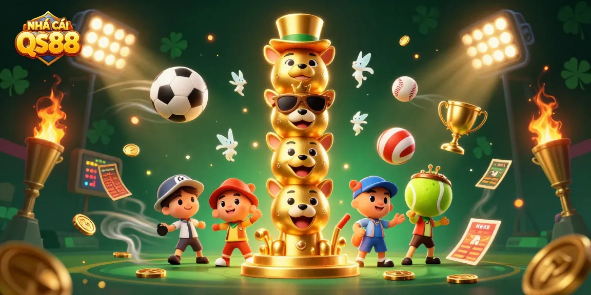 NHÀ CÁI QS88 celebrates casino joy with vibrant 3D elements, immersive games, and dynamic sports scenes.
