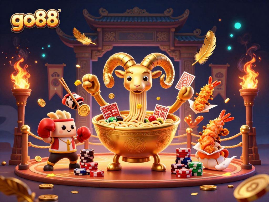 Engage in the thrill of go88 as a giant ramen bowl dealer stacks chips in a vibrant casino scene.