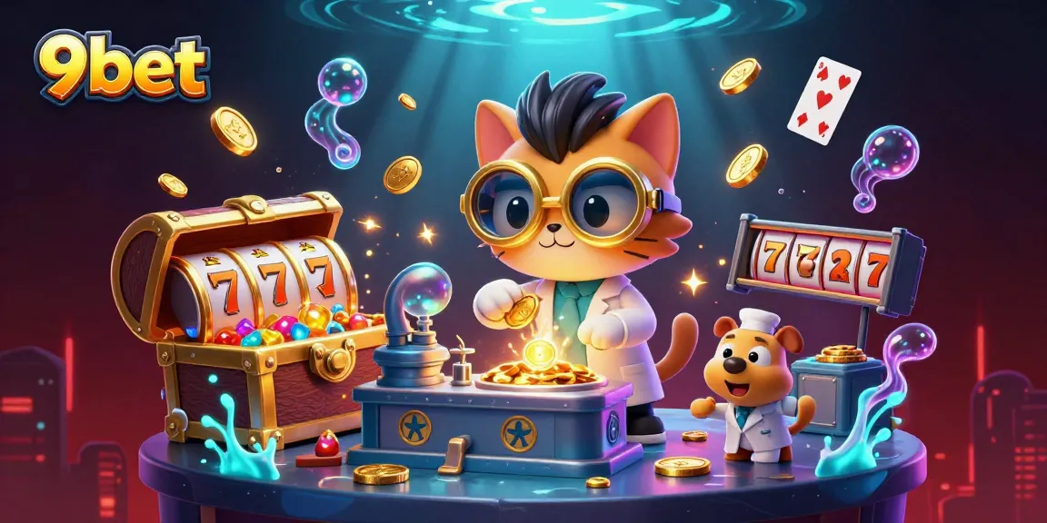 Engage in exciting gameplay with 9bet, illustrated by a cartoon mad scientist and his dog inventing wealth.