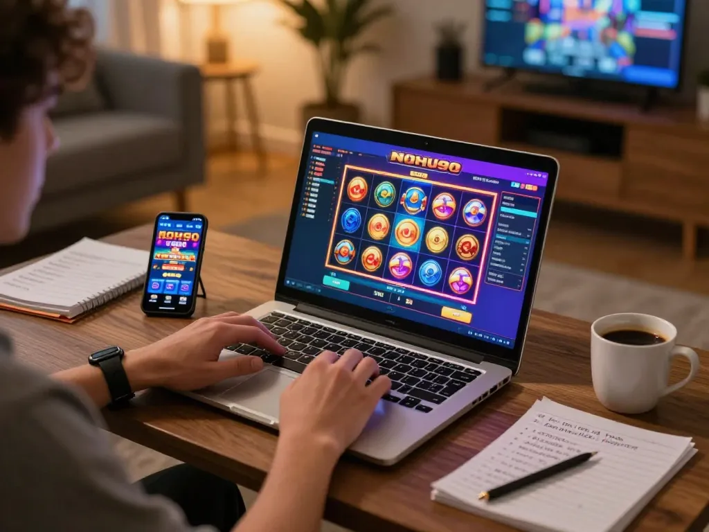 Play NOHU90 online slots while using a laptop and smartphone in a cozy home environment.