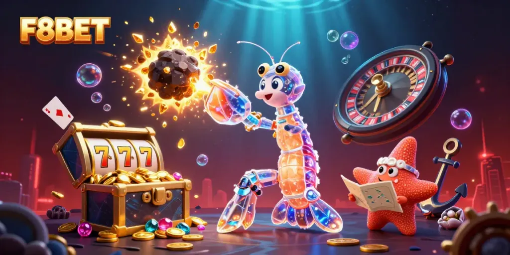 Experience F8BET's vibrant casino atmosphere with a galactic samurai in action amidst gold and jewels.
