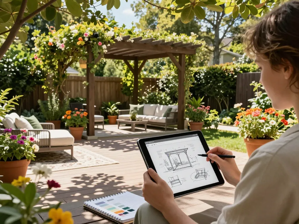 Interactive pergola configurator in a vibrant garden setting, showcasing outdoor design elements and lush greenery.