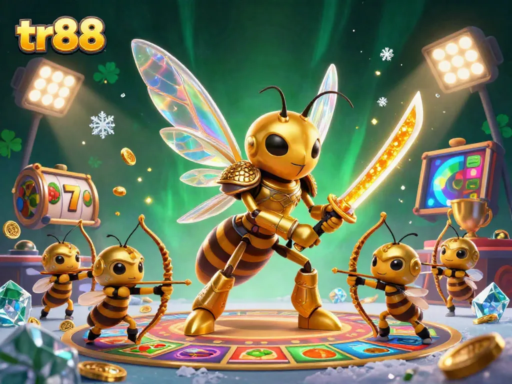 Engage in a thrilling tr88 casino adventure with a heroic hornet, dynamic gaming elements, and vibrant visuals.