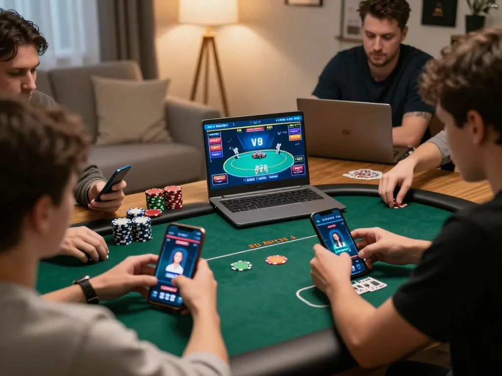 vu88 online poker players engaging in strategic gameplay with casino app on digital devices