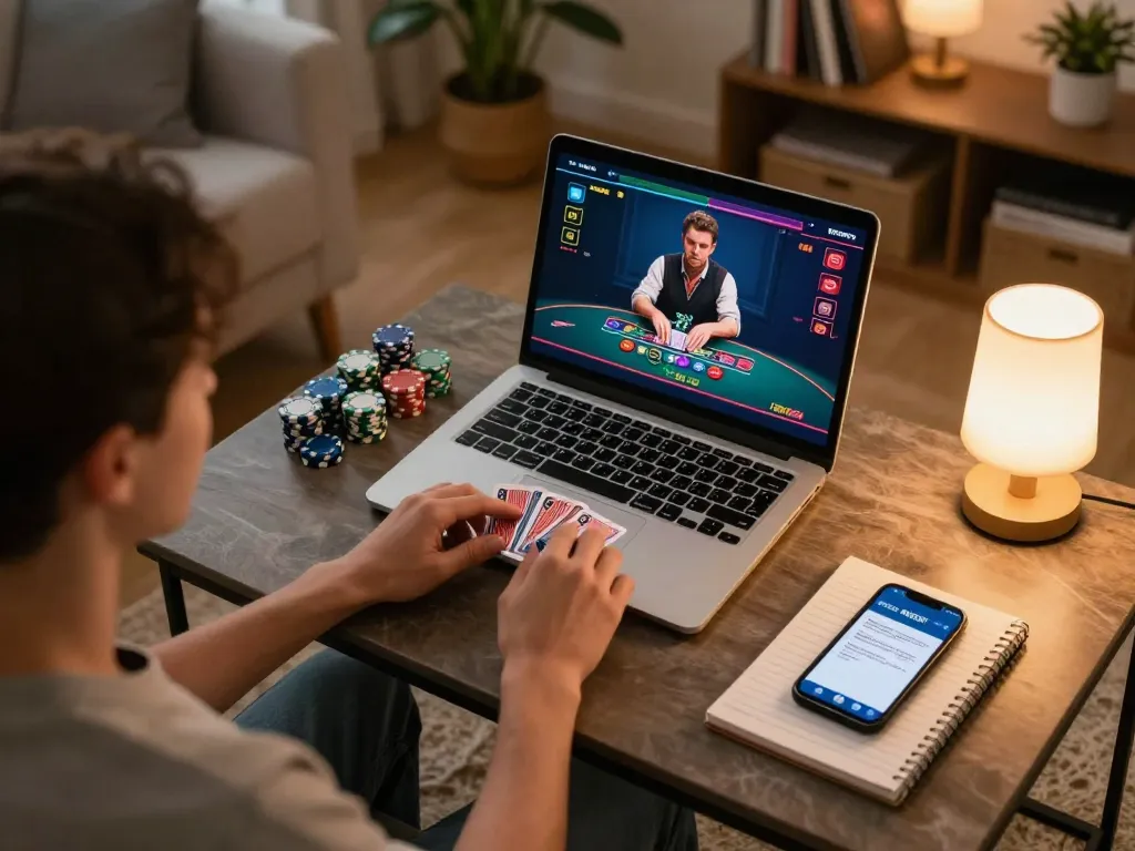 Player enjoying SHBET online blackjack game on a cozy setup with chips and strategy notes.