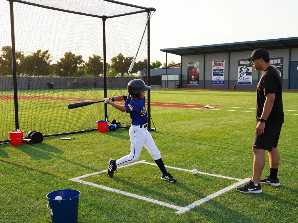 Young athlete training at the hit club baseball facility with a coach guiding batting practice during golden hour.