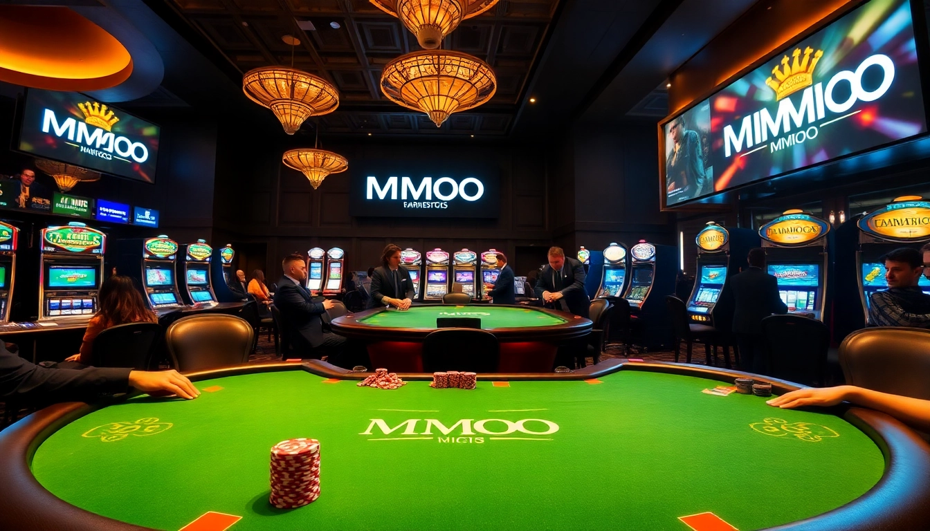 Experience the thrill of MMOO gaming at a luxury casino table surrounded by vibrant slot machines.