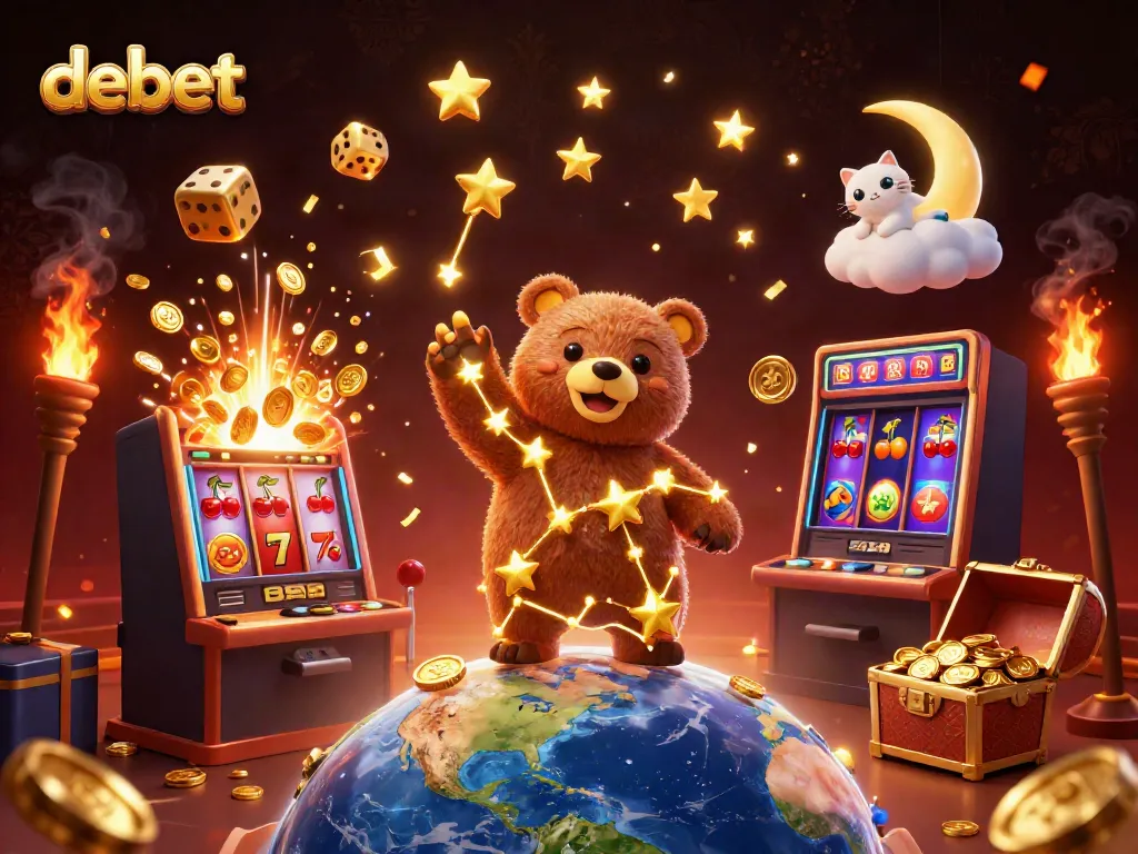 Engaging Debet illustration featuring a constellation bear and a vibrant casino scene with jackpot elements.