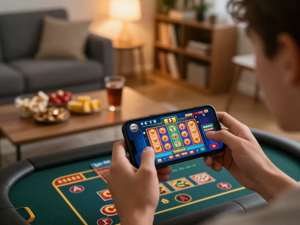 Engaging with the abc8go casino app on a smartphone during home gaming session.