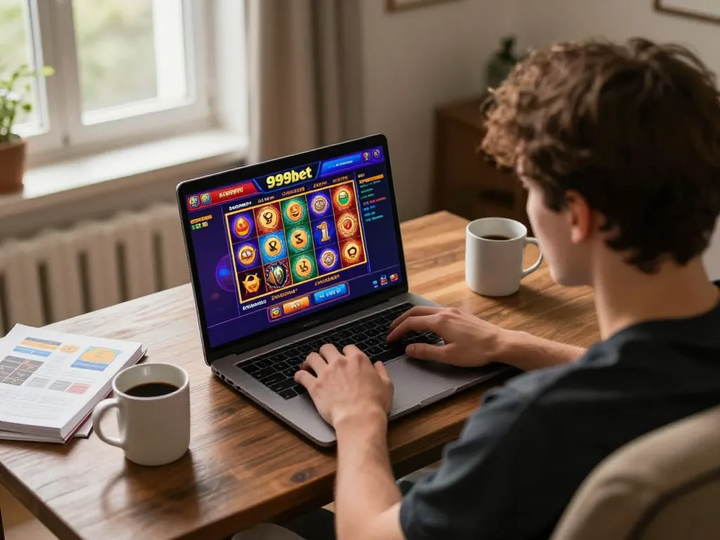 Player engaging with 999bet online casino from a cozy home setting, showcasing a dynamic gambling experience.