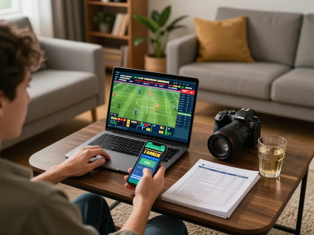 C168 user engaged in sports betting, analyzing odds on laptop while enjoying comfortable home atmosphere.