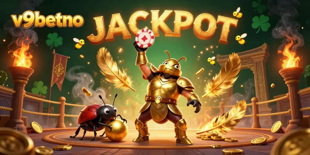 Celebrate with v9betno as the golden beetle lifts a poker chip in a colorful casino scene!