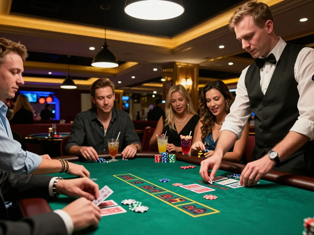 Engaging blackjack gameplay at a casino table, showcasing max88 excitement and player strategy during betting.