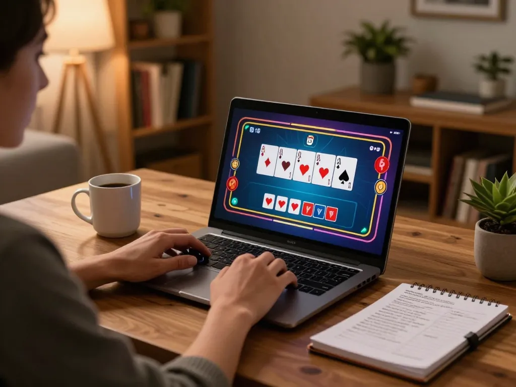 Player engaged in online gaming at NK88 with poker interface displayed on laptop.