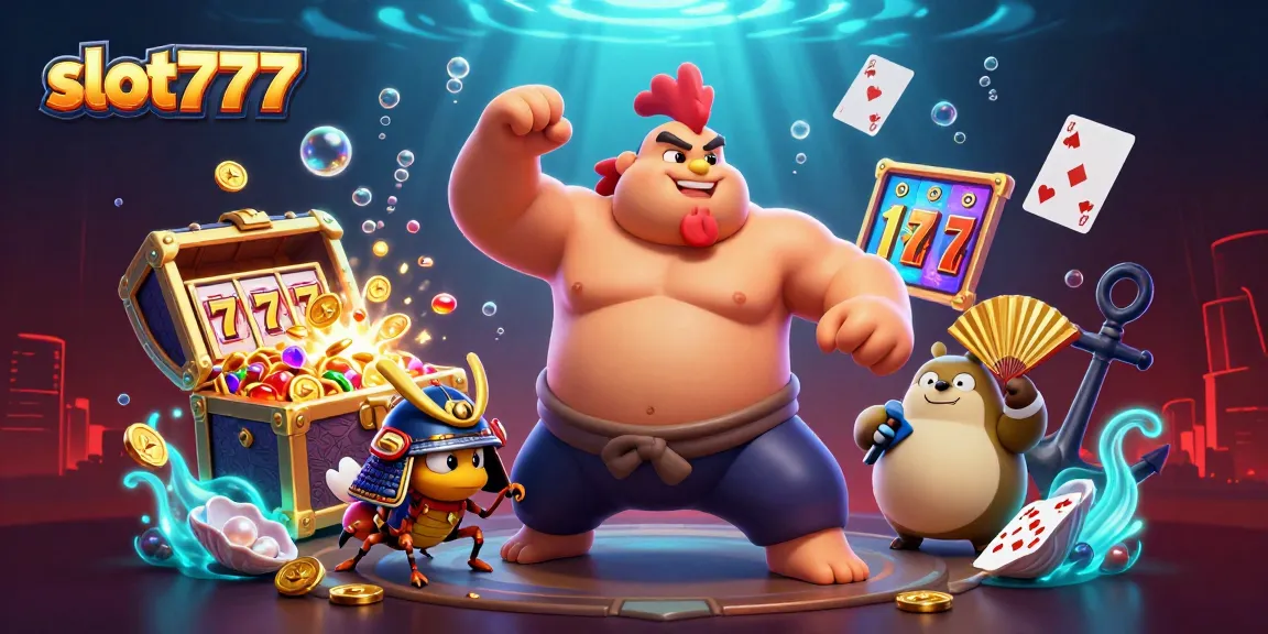 Experience thrilling slot777 action with colorful characters and vibrant casino elements in this dynamic illustration.
